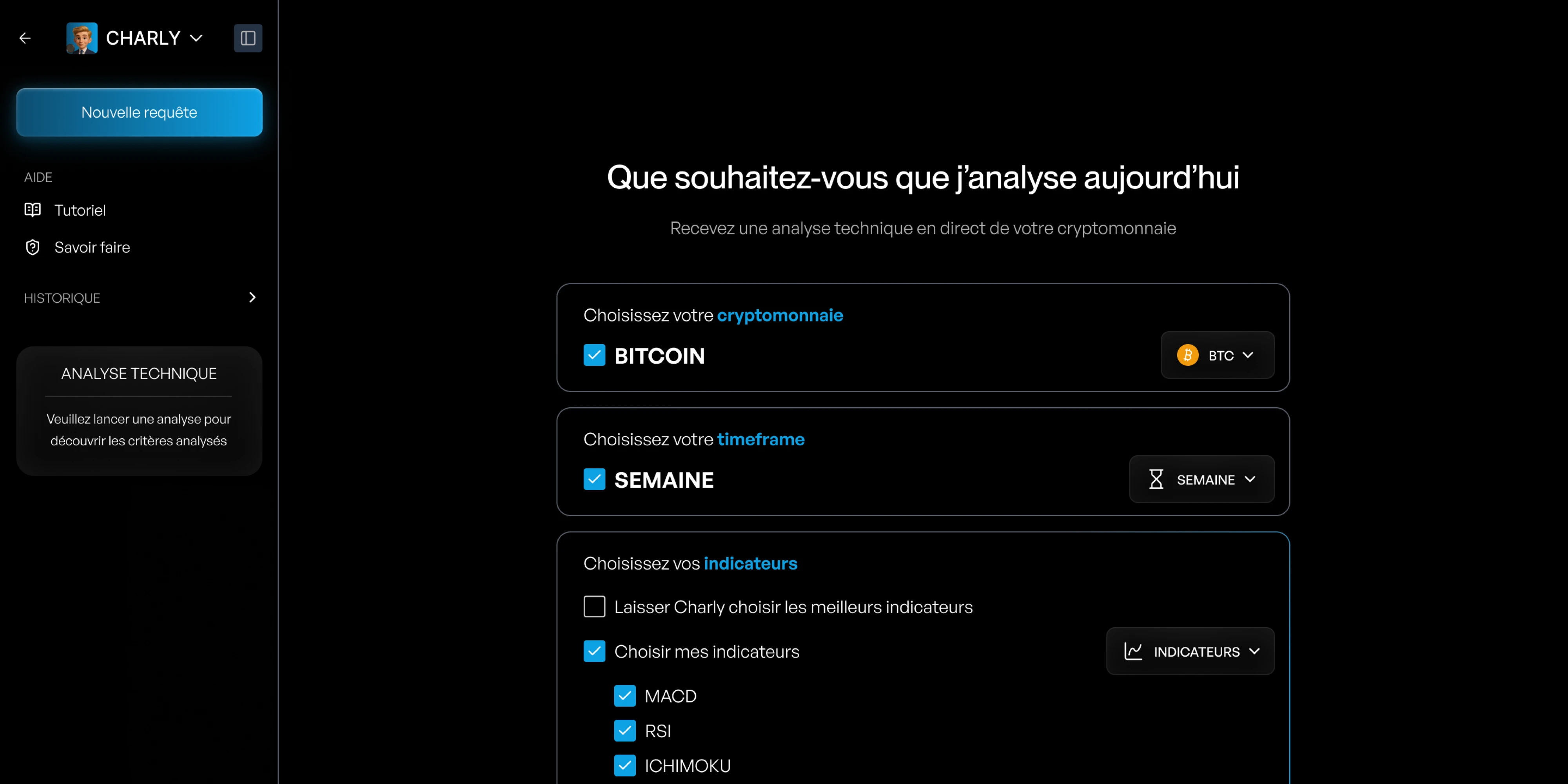 Visual representation for tip: Charly automatically generates a complete technical analysis for any cryptocurrency.