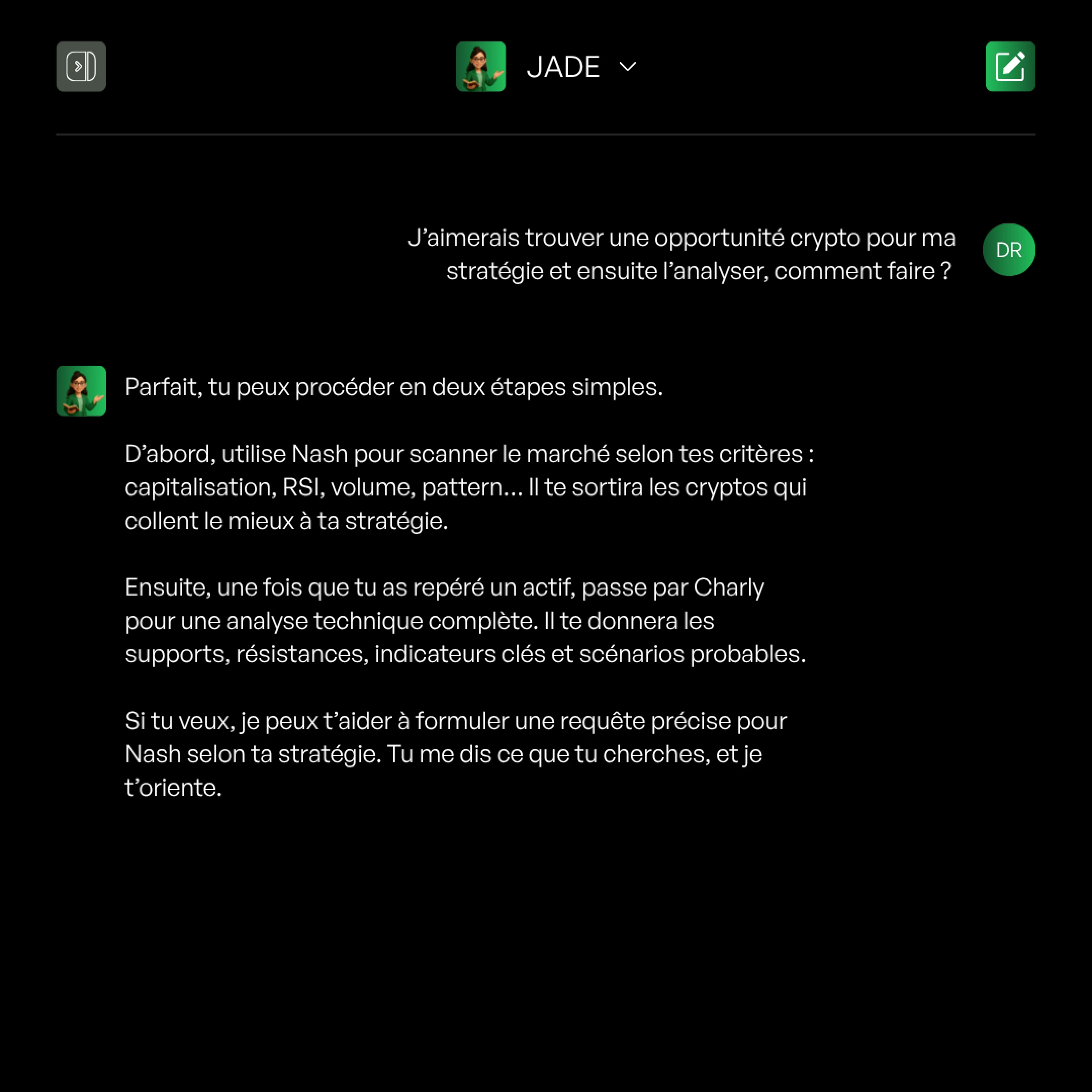 Visual representation for tip: Ask your question and let Jade guide you to the most relevant agent.
